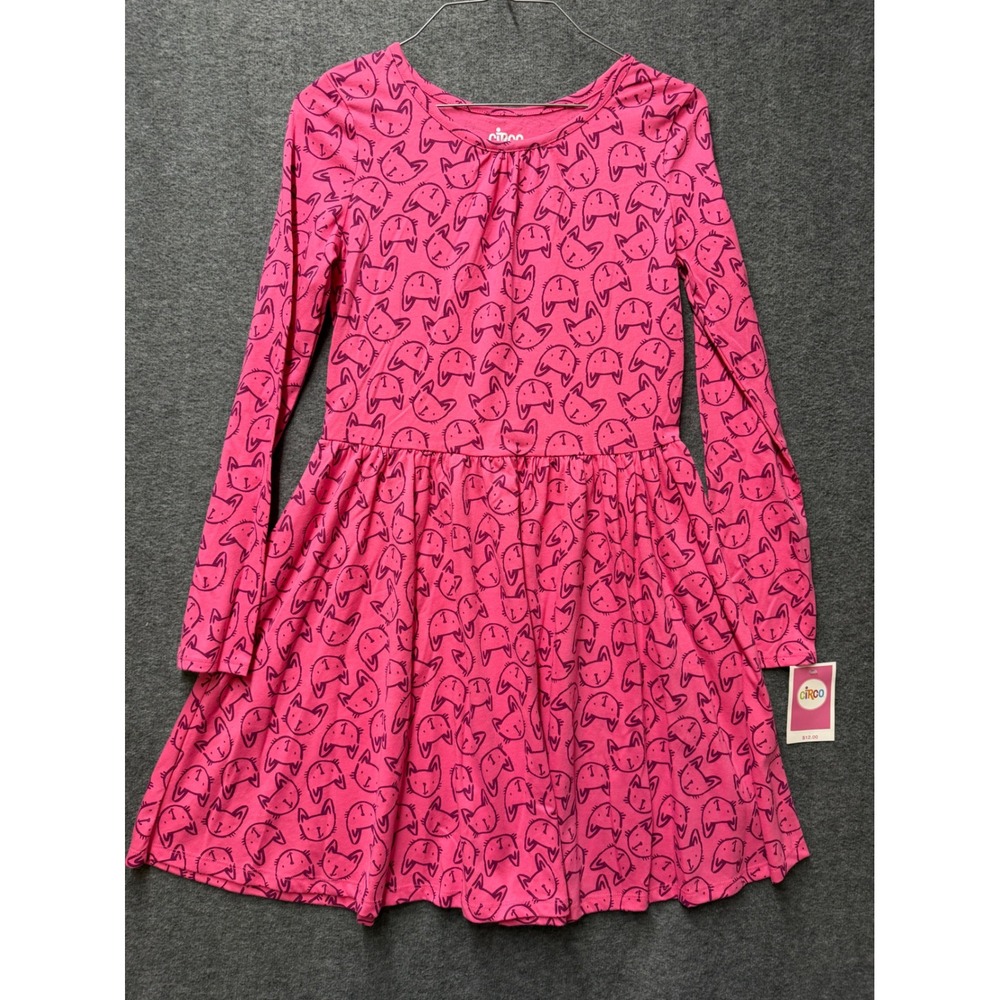 Circo Girls Pink Cat Print Long Sleeve Dress XL 14/16 NWT BTS Core Dress
